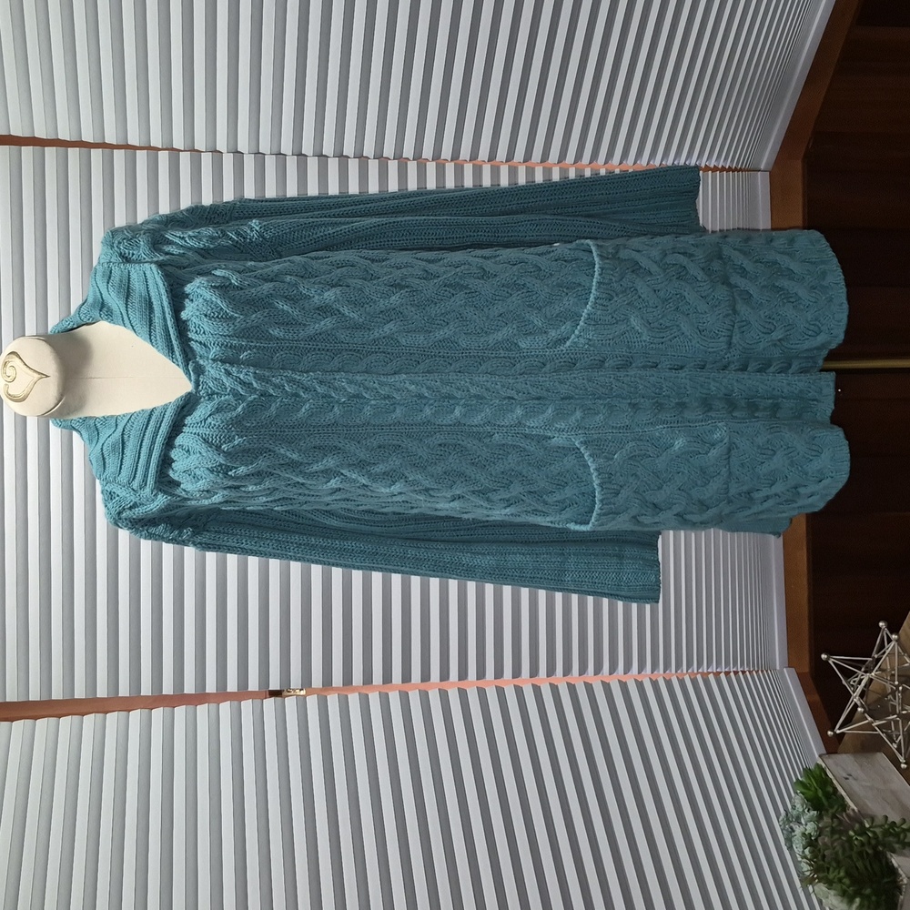 Aran Crafts Turquoise Cable Knit Wool Cardigan